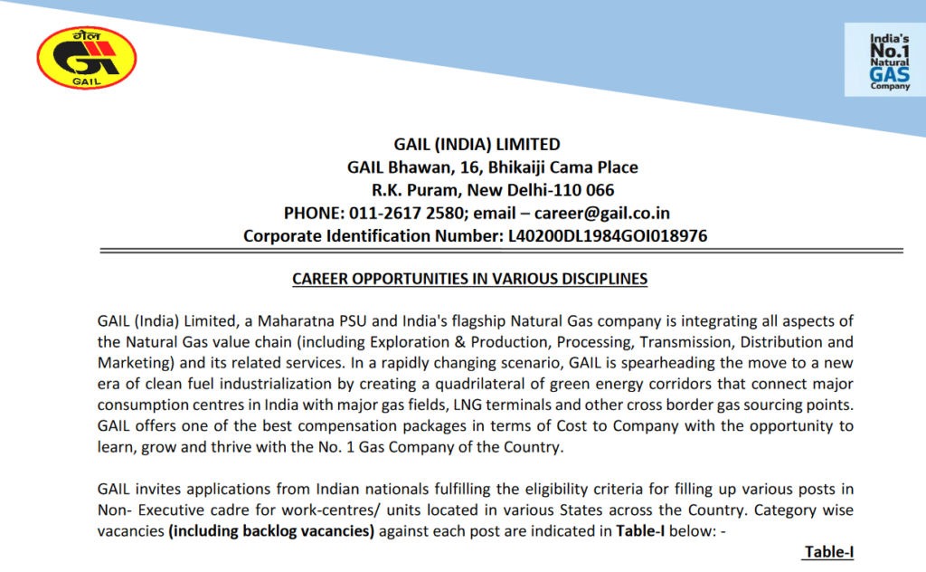 GAIL India Recruitment 2024 - Notification