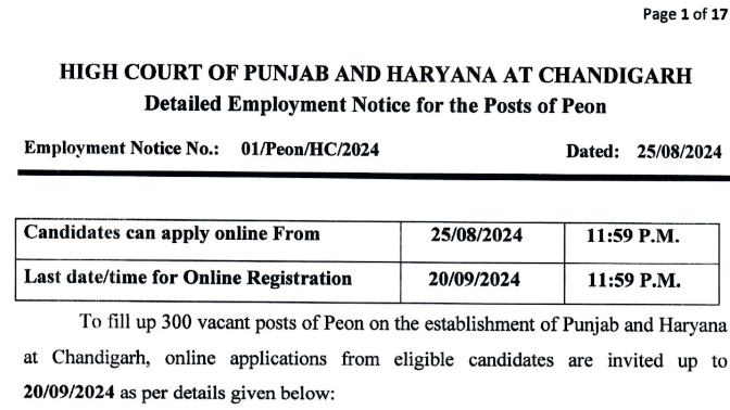 Punjab  Haryana High Court Peon Recruitment Notification