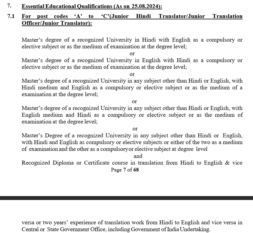 Education Qualification for the Position of Junior Hindi Translator/ Junior Translator Officer/ Junior Translator