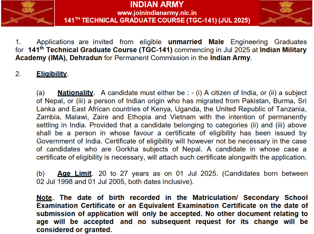 Indian Army TGC-141 Recruitment 2025