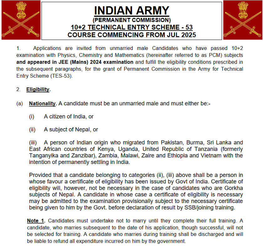 Indian Army TES-53 Recruitment 2025- Notifictaion